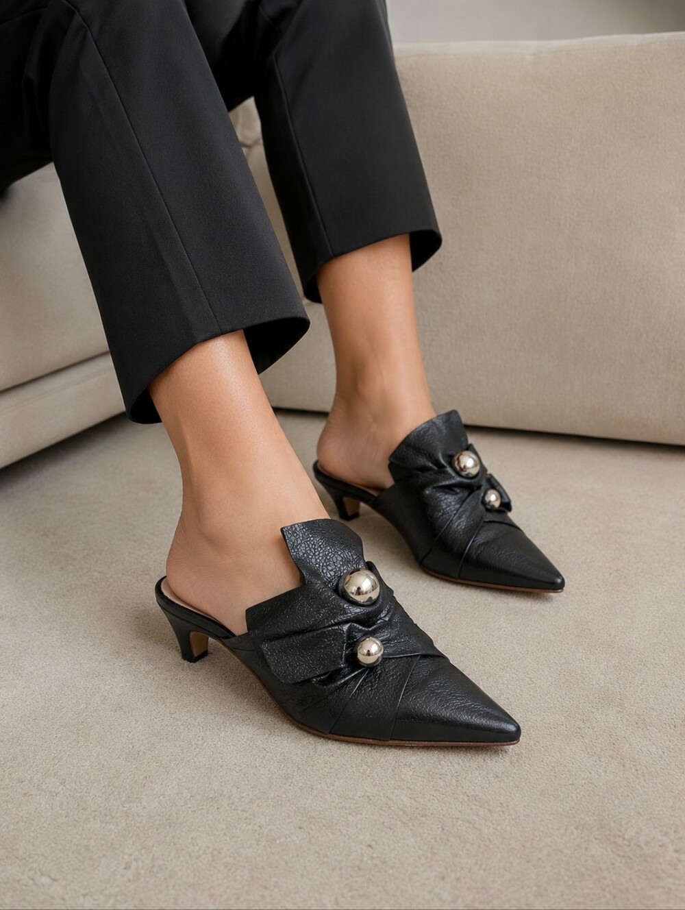 Jennifer Tattanelli Pointed Leather Mule Heels . luxury Brand made In Italy.